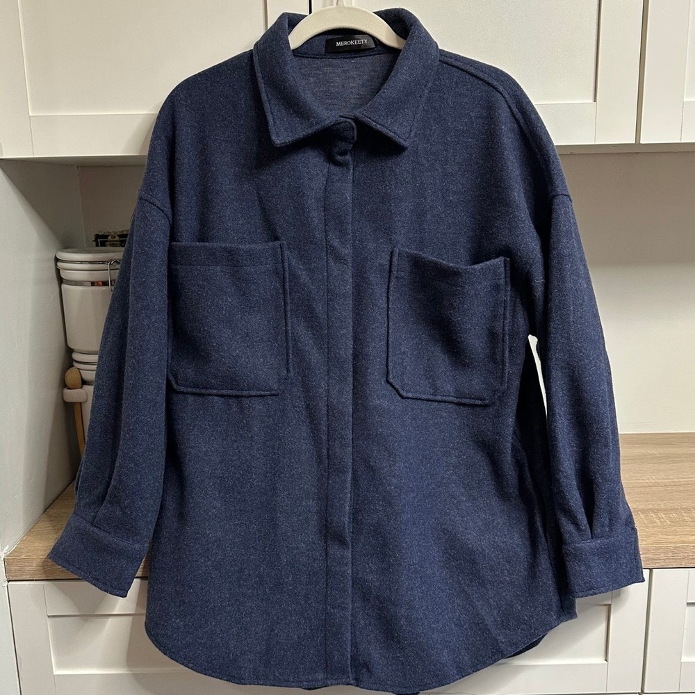MEROKEETY Shacket Womens M Navy Blue Oversized Snap Button Pocket Minimalist